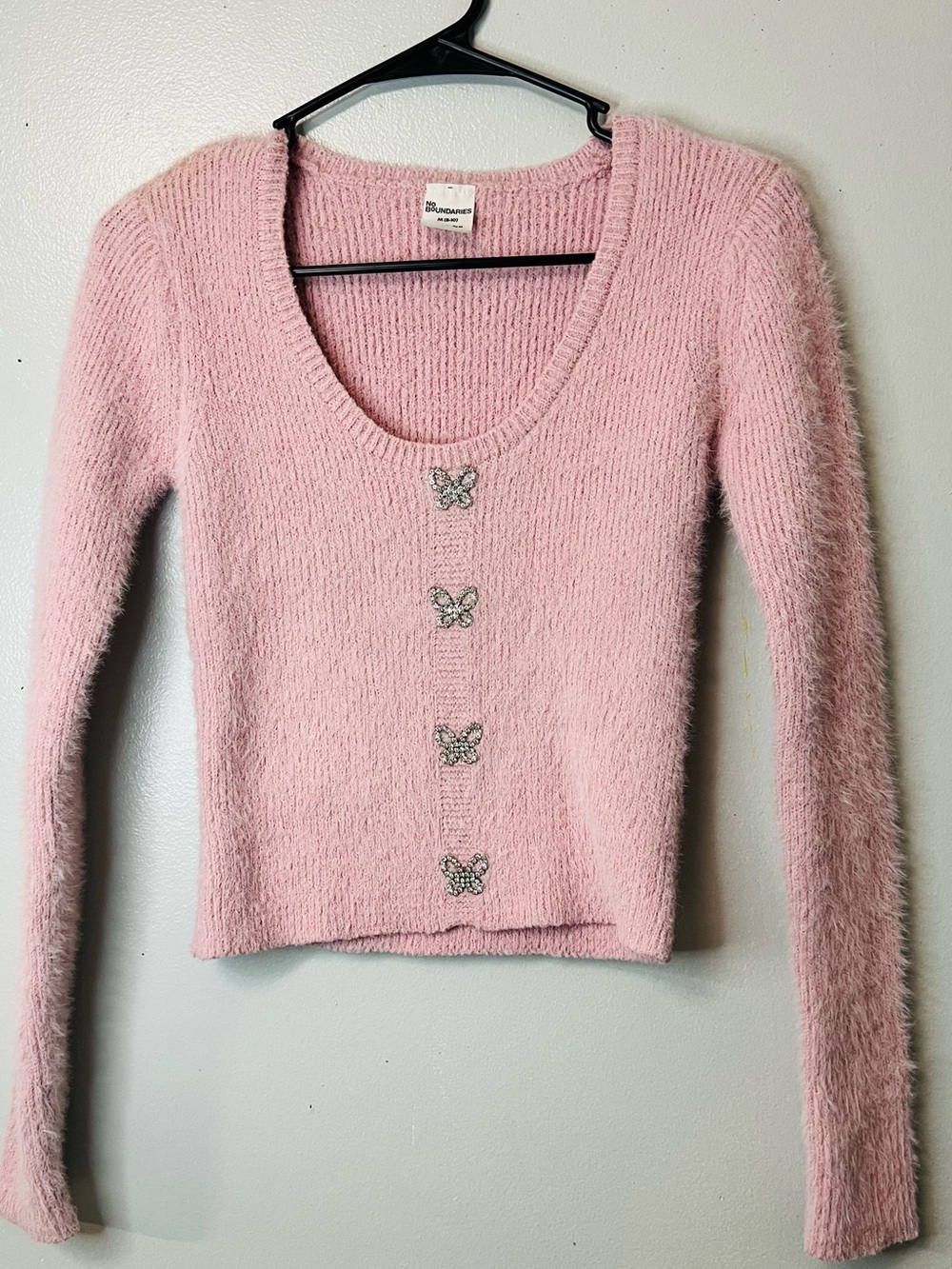 No Boundaries Pink Fuzzy Scoop-Neck Sweater with Butterfly Buttons